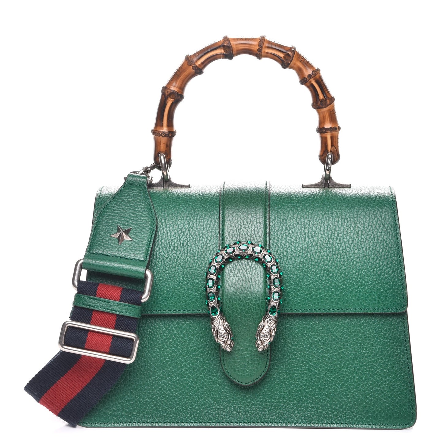 Dollar Calfskin Crystal Web Medium Dionysus Bamboo Top Handle Bag Emerald