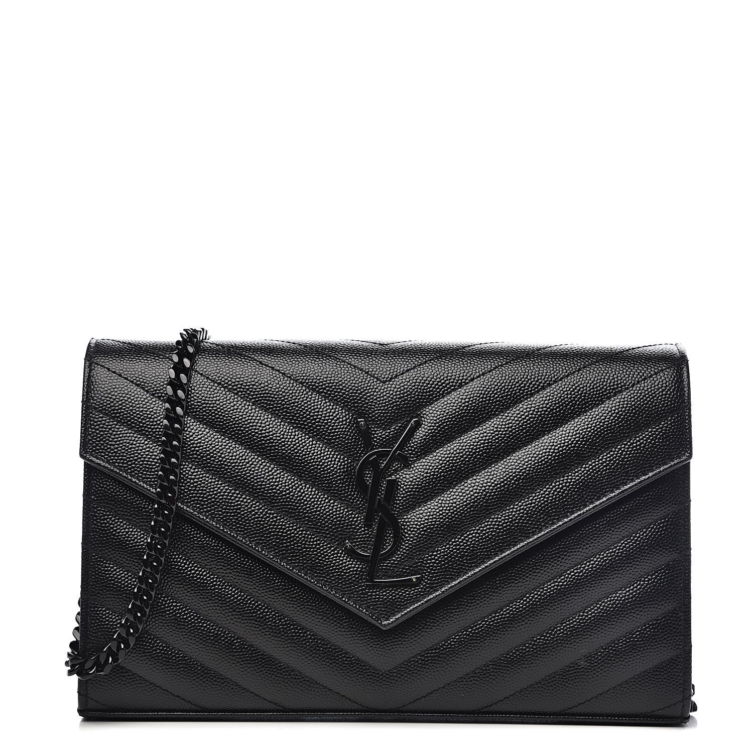 Saint Laurent Grain De Poudre Matelasse Chevron Monogram Chain Wallet Black 1 of 10