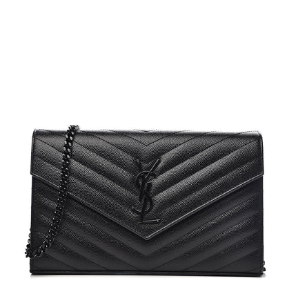 Saint Laurent Grain De Poudre Matelasse Chevron Monogram Chain Wallet Black 1 of 10