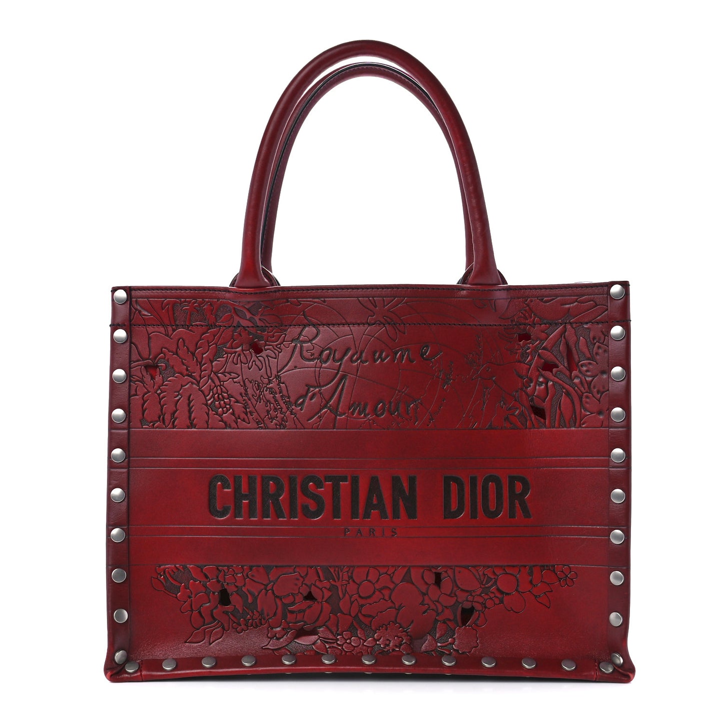 Calfskin Laser Cut Studded Medium Book Tote Red