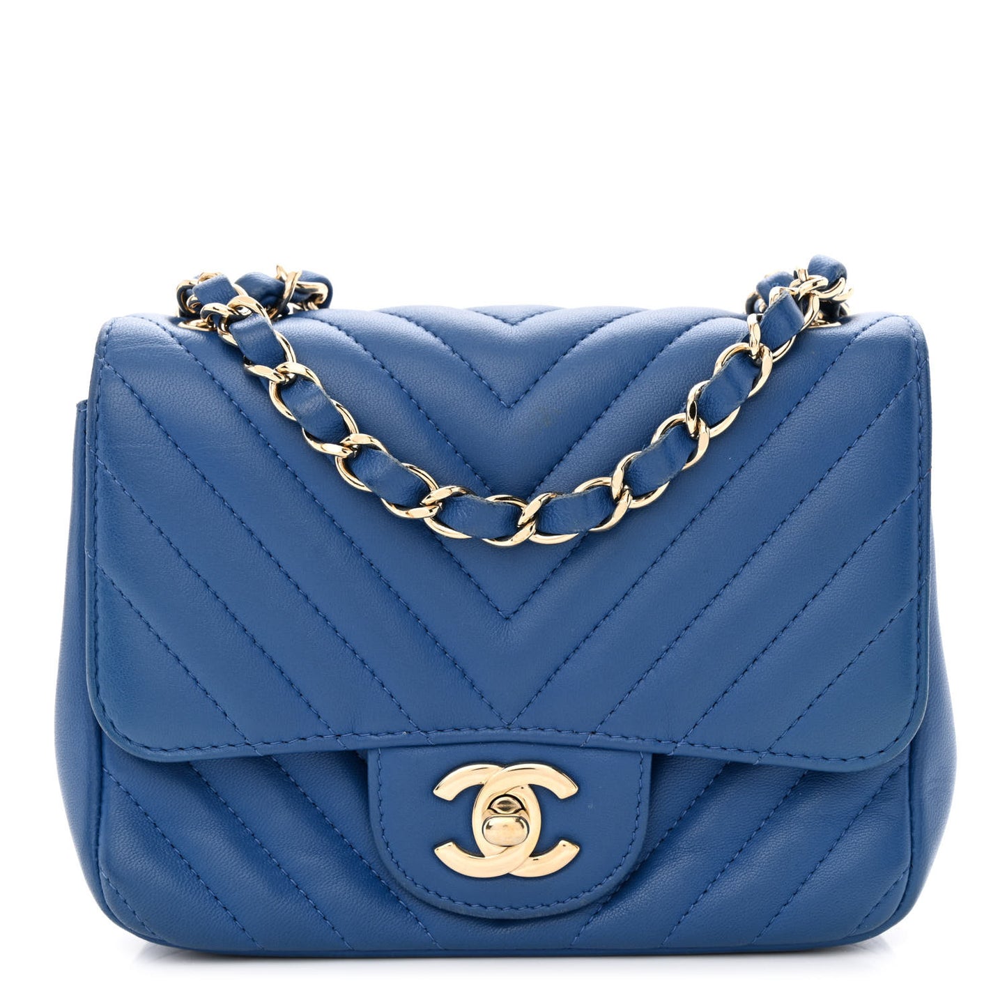 Lambskin Chevron Quilted Mini Square Flap Blue