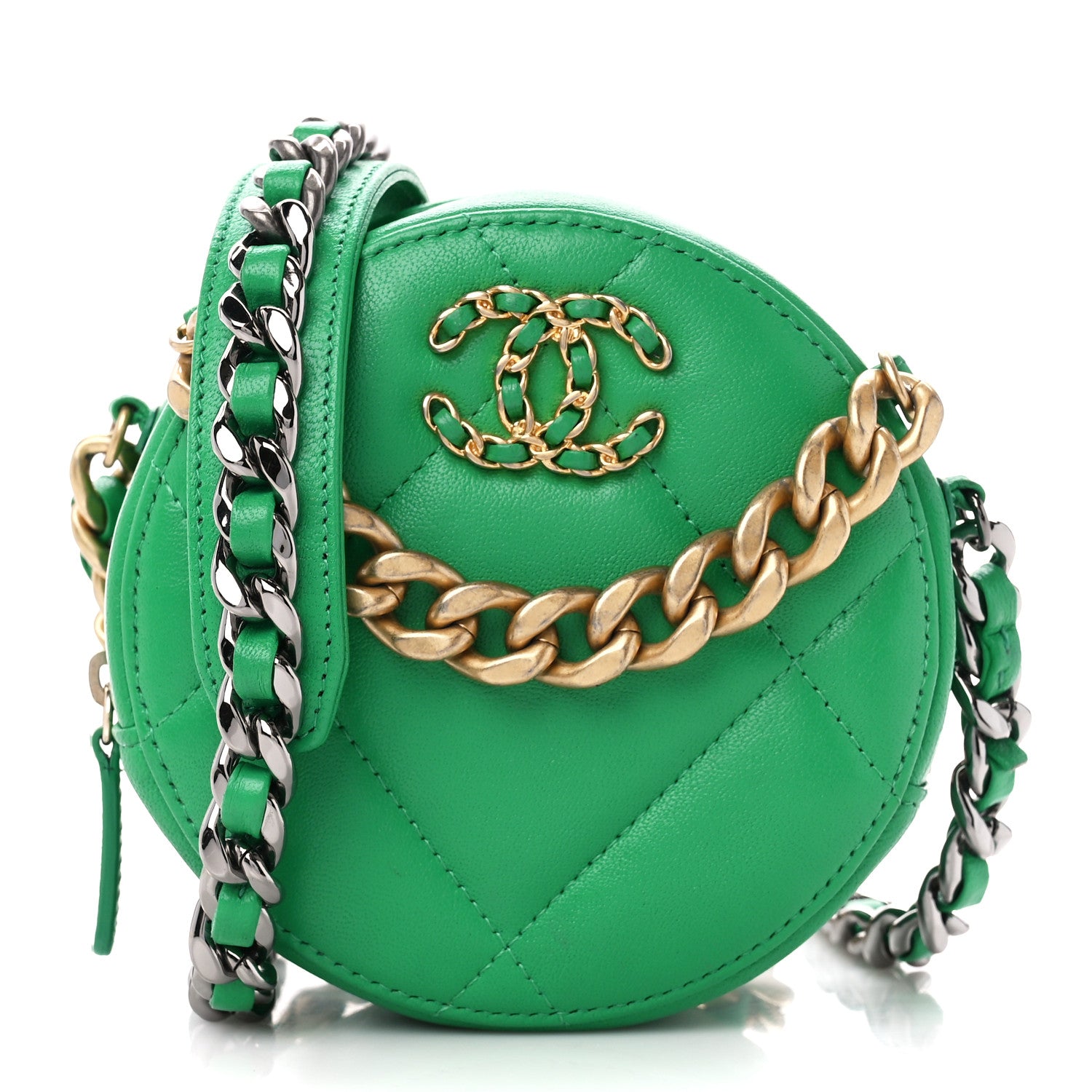 Chanel Goatskin Quilted Chanel 19 Round Clutch With Chain Green 1 of 10