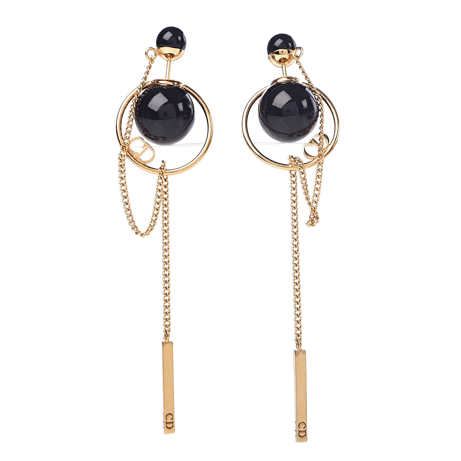 Christian Dior Pearl Tribales Dangle Chain Earrings Black Gold 1 of 5