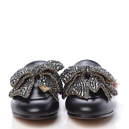 Gucci Malaga Kid Fur Crystal Bow Embroidered Womens Princetown Slippers 38.5 Black 2 of 9