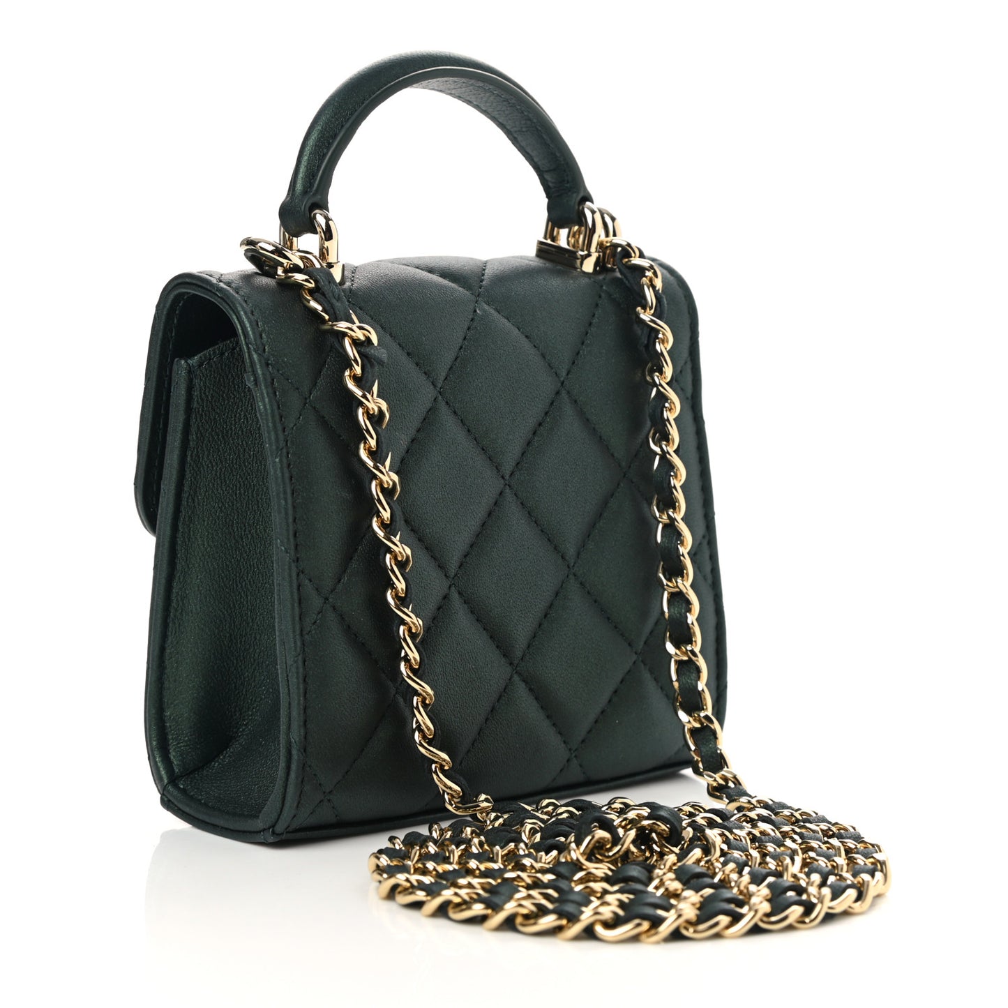Iridescent Lambskin Quilted Top Handle Flap Clutch With Chain Dark Green