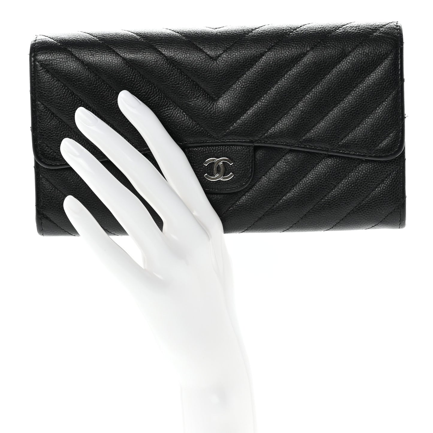 Caviar Chevron Quilted Large Gusset Flap Wallet Black