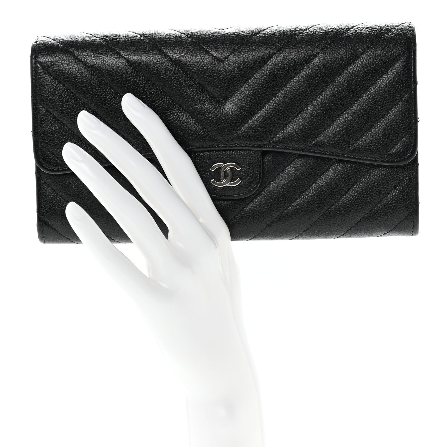 Chanel Caviar Chevron Quilted Large Gusset Flap Wallet Black 2 of 9