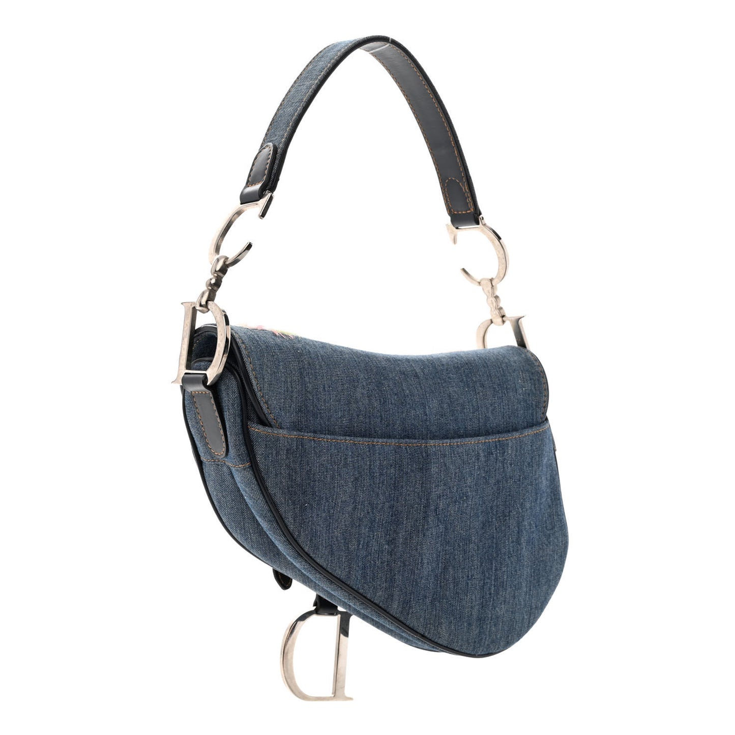 Denim Crystal Floral Embroidered Saddle Bag Multicolor