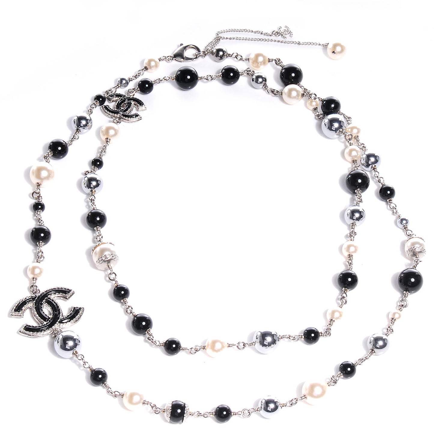 Pearl Beaded CC Long Necklace Black