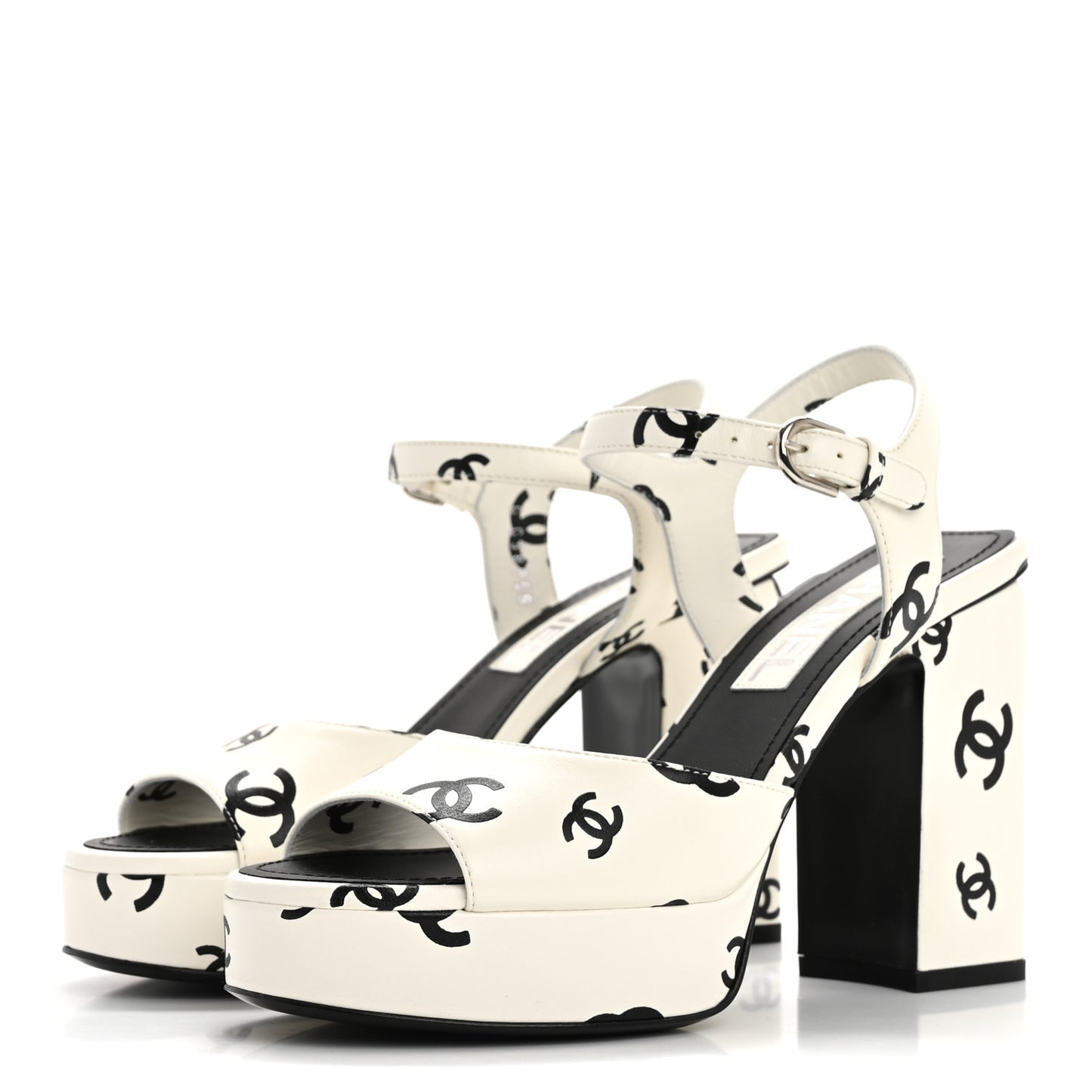 Printed Lambskin CC Platform Sandals 36 White Black