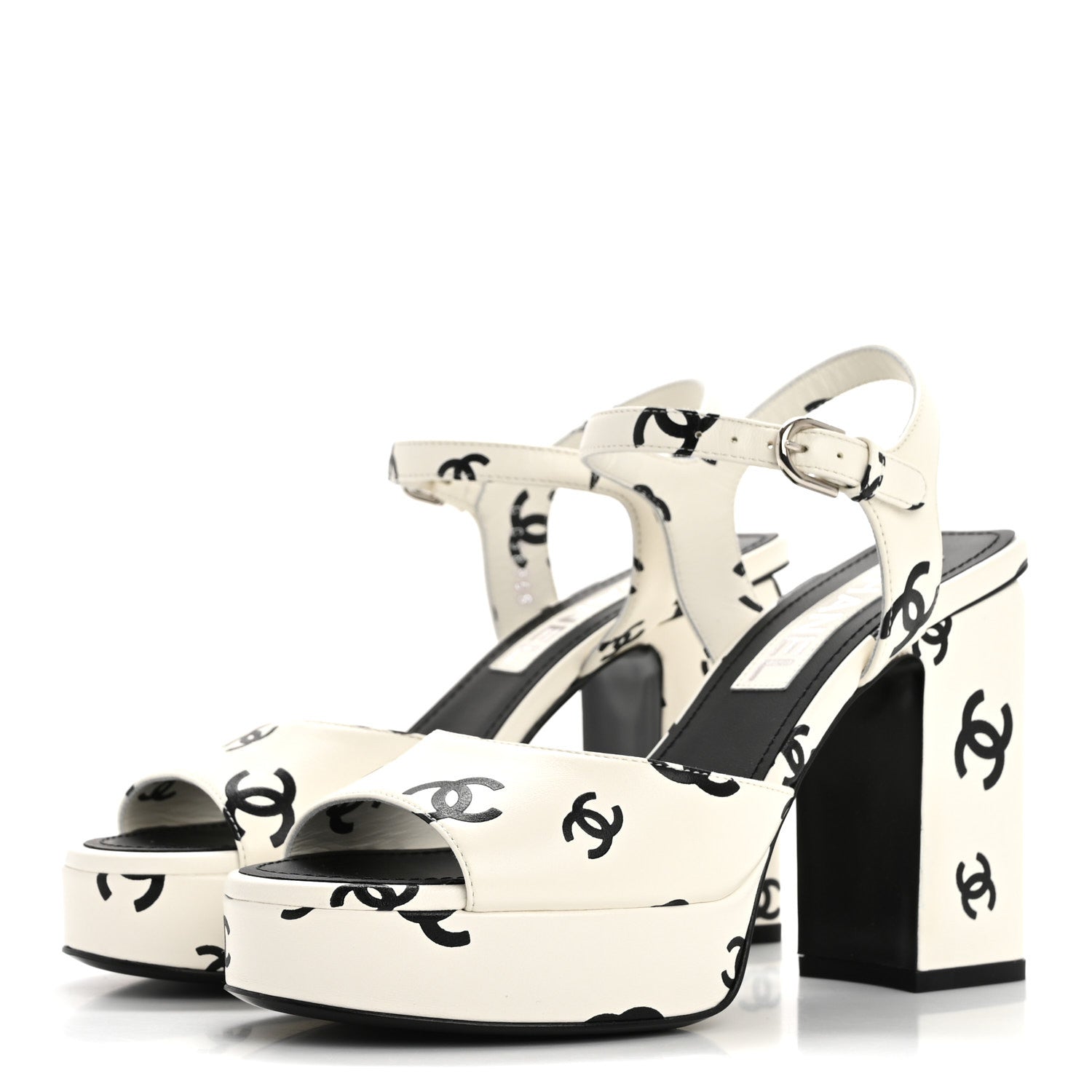 Chanel Printed Lambskin CC Platform Sandals 36 White Black 4 of 10