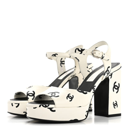 Chanel Printed Lambskin CC Platform Sandals 36 White Black 4 of 10