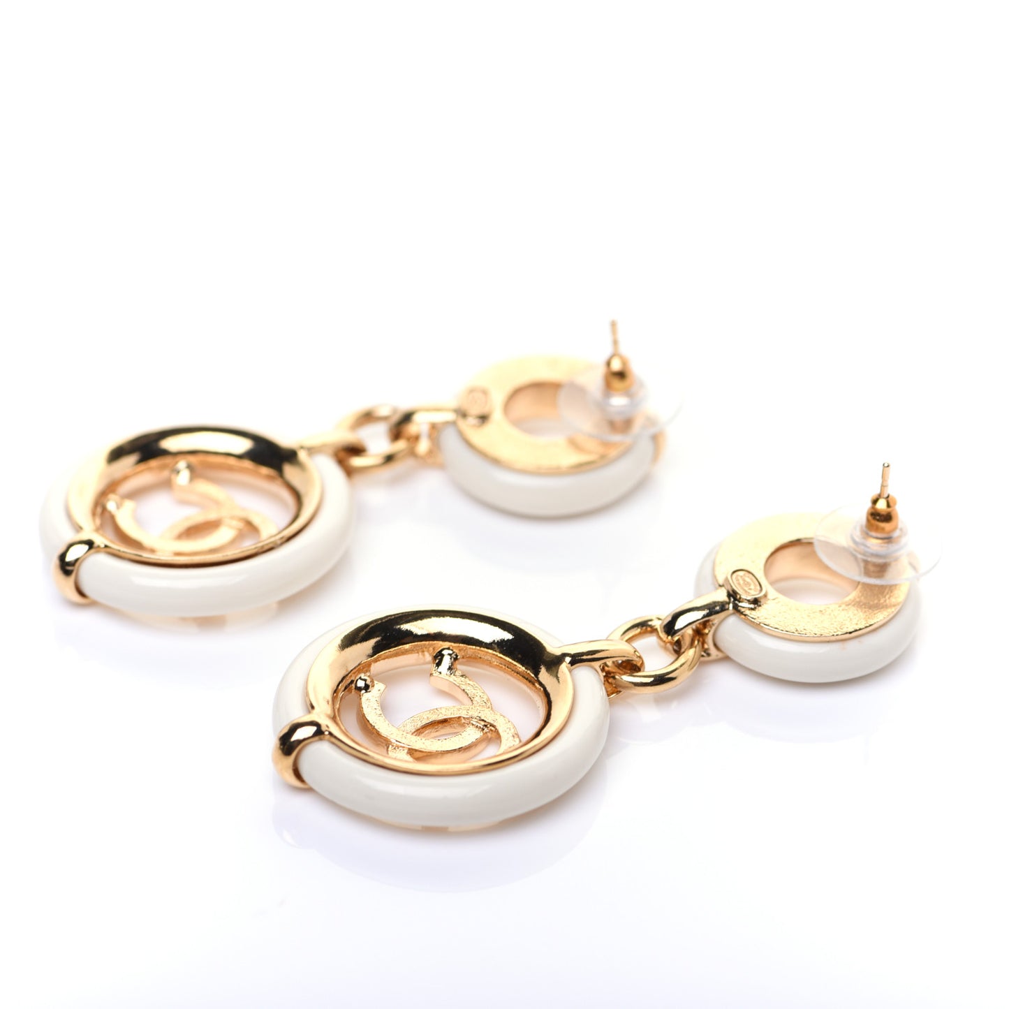 Metal Resin CC Round Drop Earrings Gold White