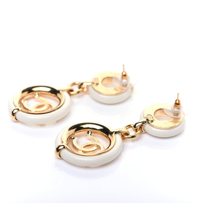 Chanel Metal Resin CC Round Drop Earrings Gold White 6 of 9
