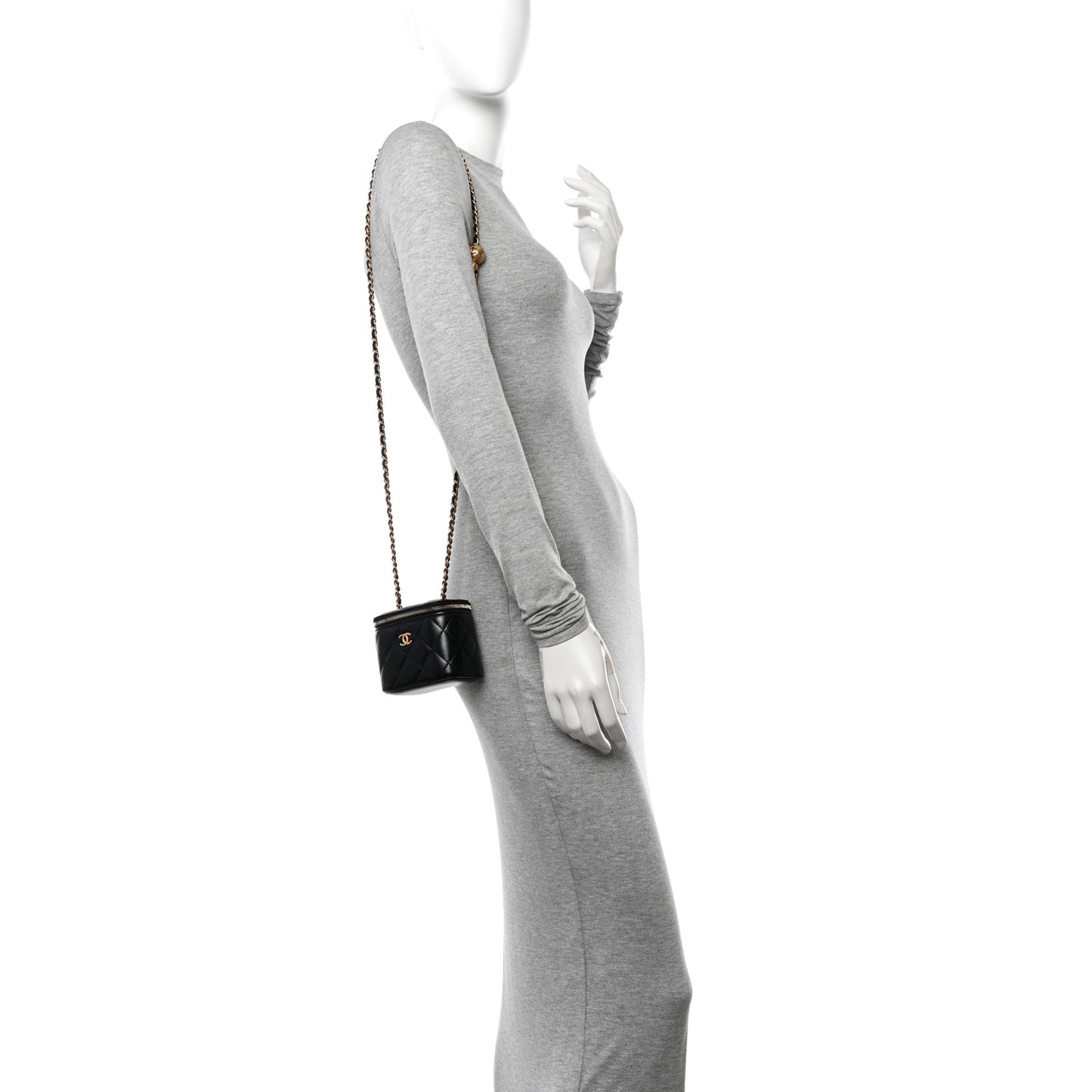 Lambskin Quilted Mini Pearl Crush Vanity Case With Chain Black