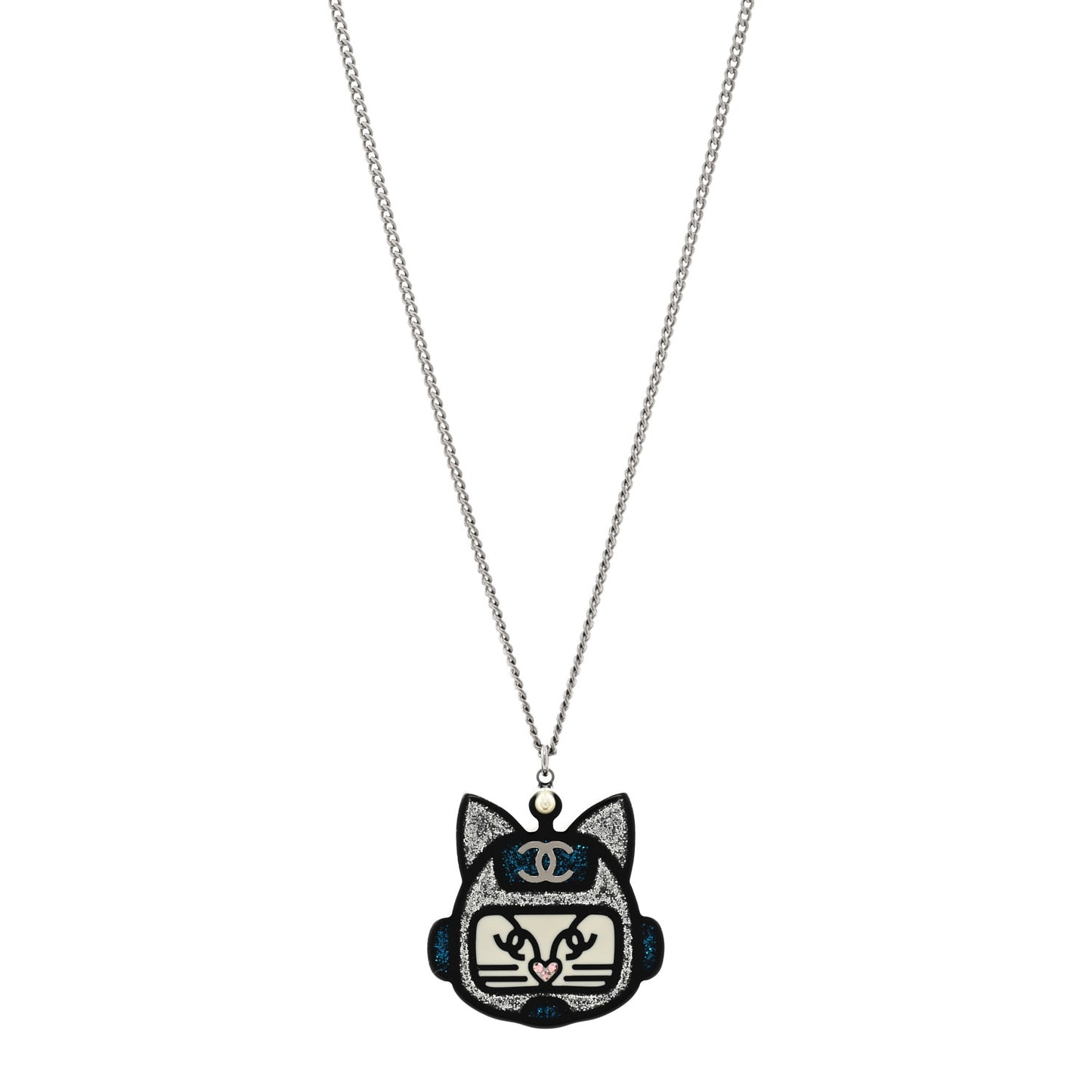 Resin Pearl CC Emoji Robot Cat Lanyard Necklace Silver Blue