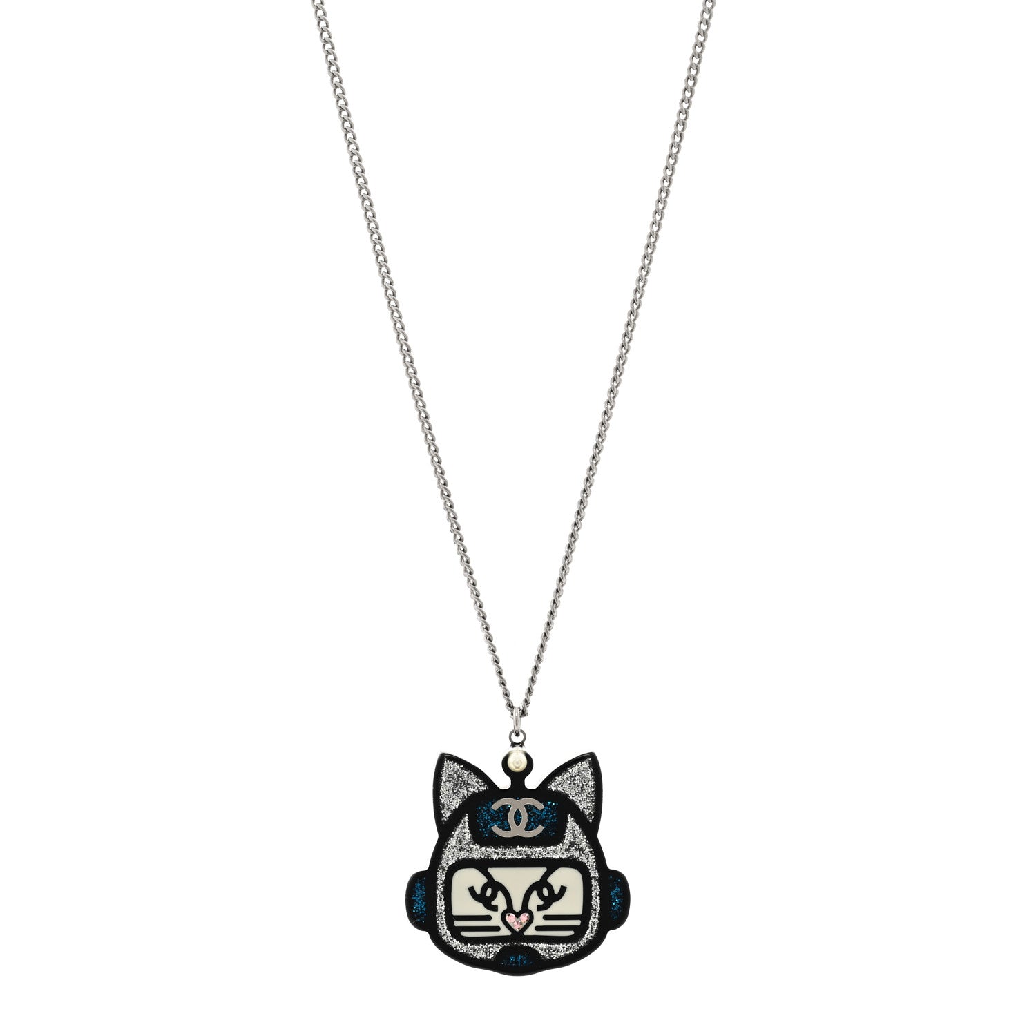 Chanel Resin Pearl CC Emoji Robot Cat Lanyard Necklace Silver Blue 1 of 5