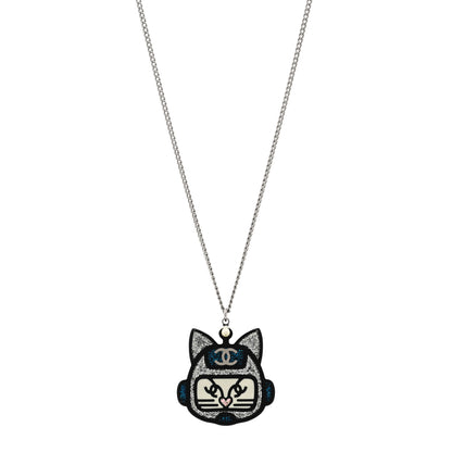 Chanel Resin Pearl CC Emoji Robot Cat Lanyard Necklace Silver Blue 1 of 5