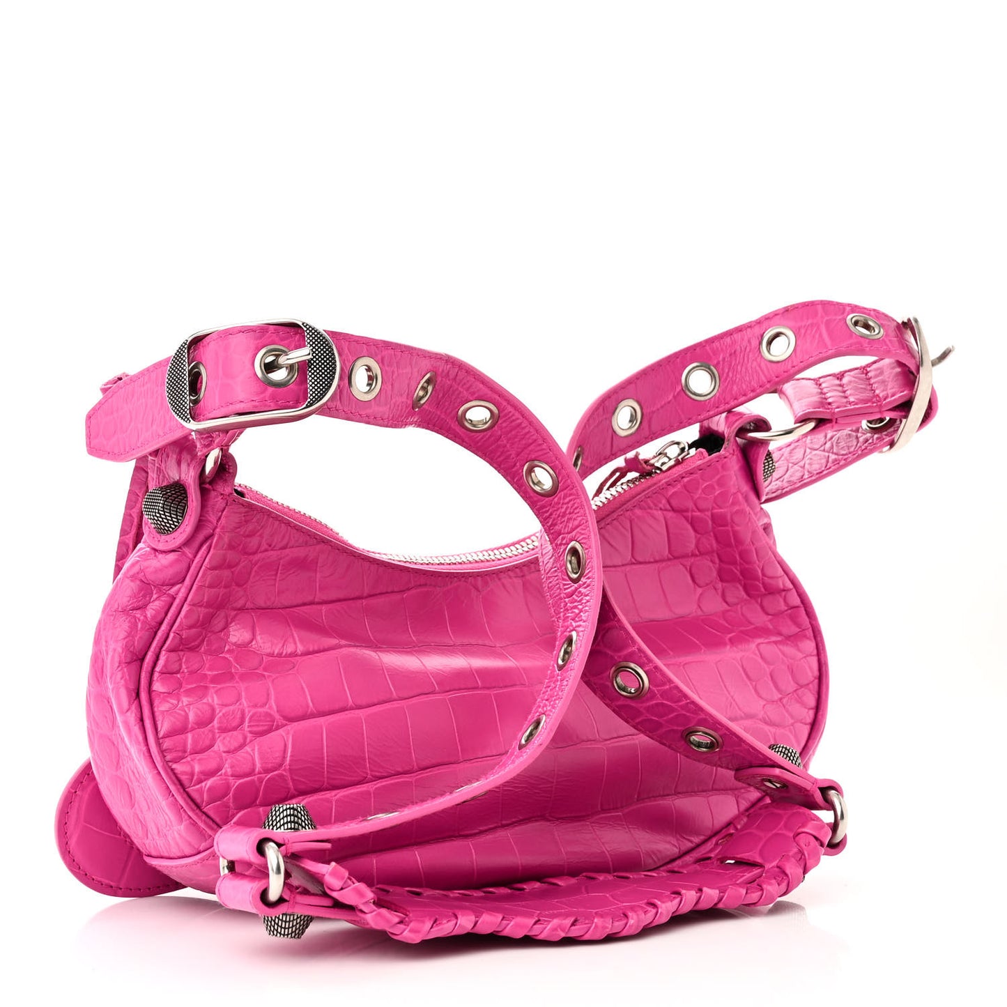 Extra Supple Calfskin Crocodile Embossed XS Le Cagole Shoulder Bag Lipstick Pink