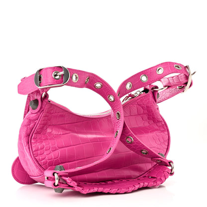 Balenciaga Extra Supple Calfskin Crocodile Embossed XS Le Cagole Shoulder Bag Lipstick Pink 4 of 11