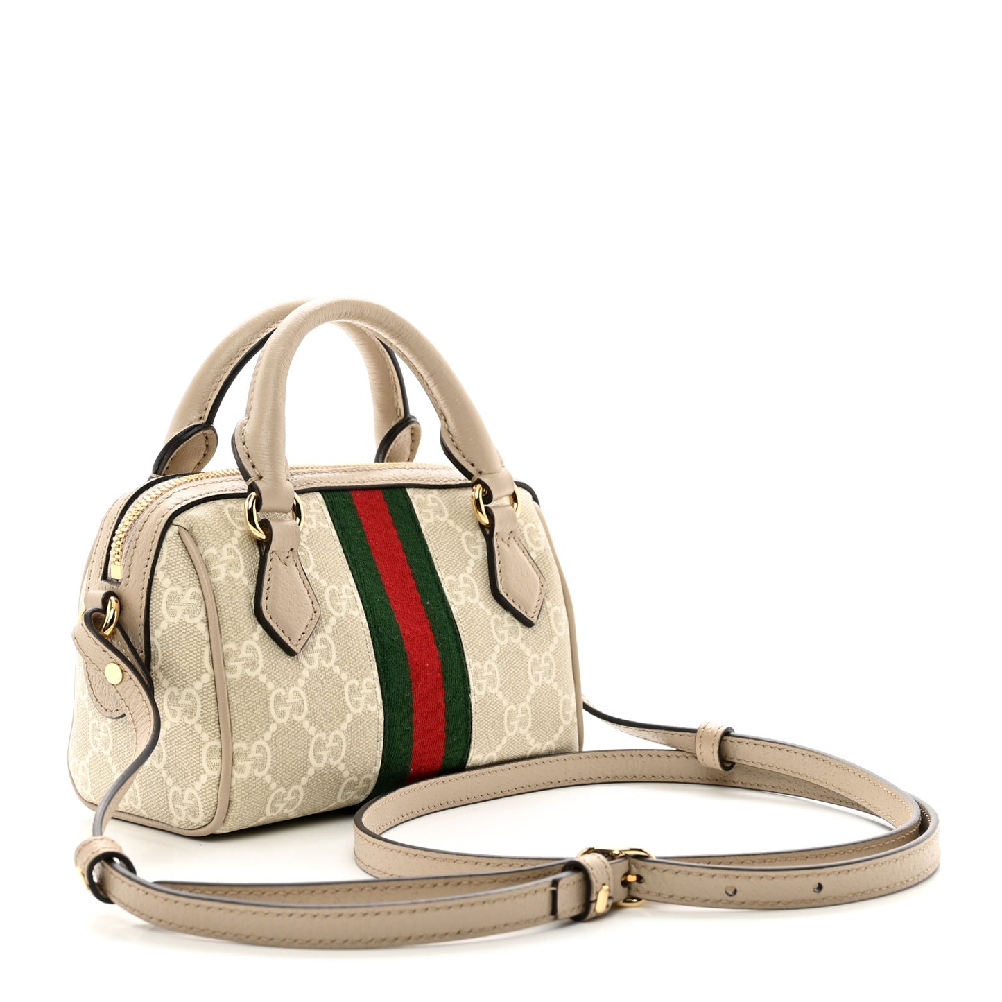 GG Supreme Monogram Textured Dollar Calfskin Web Super Mini Ophidia Top Handle Bowler Bag Beige Mystic White Oatmeal