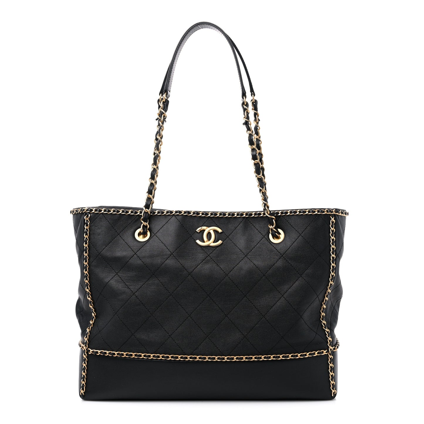 Calfskin Quilted Chain Lines Shopping Tote Black