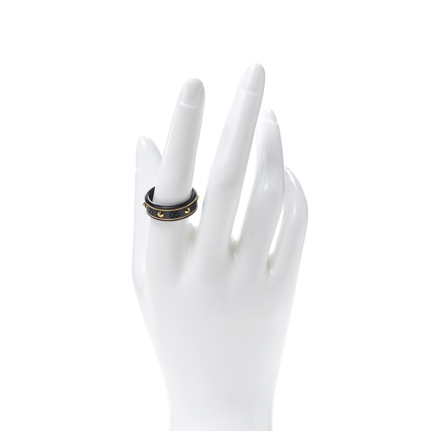 Gucci 18K Yellow Gold Zirconia Powder 7mm Studded Icon Ring Black 58 8.5 2 of 5