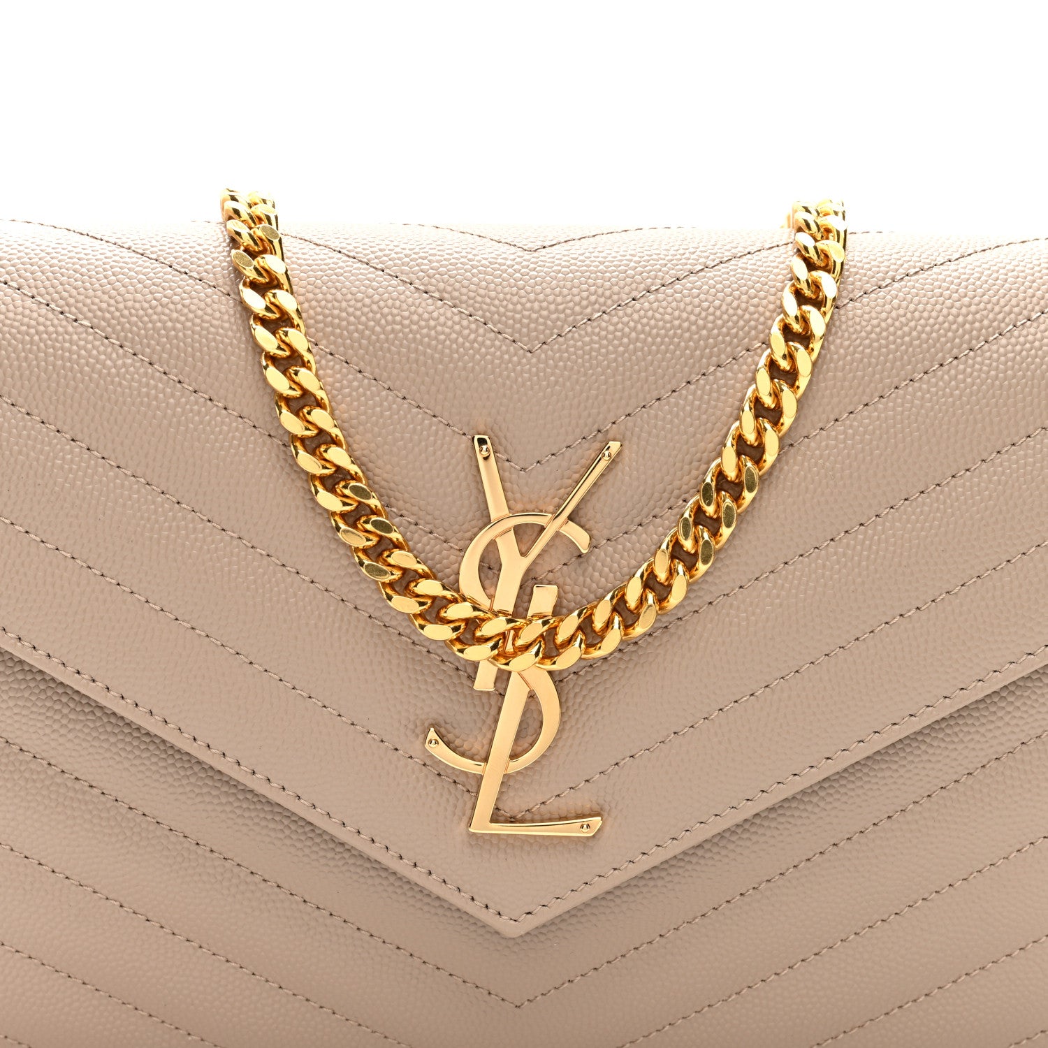 Saint Laurent Grain De Poudre Matelasse Chevron Monogram Chain Wallet Dark Beige 6 of 8