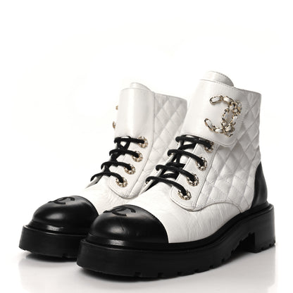 Chanel Shiny Lambskin Quilted Lace Up Combat Boots 36 White Black 3 of 7