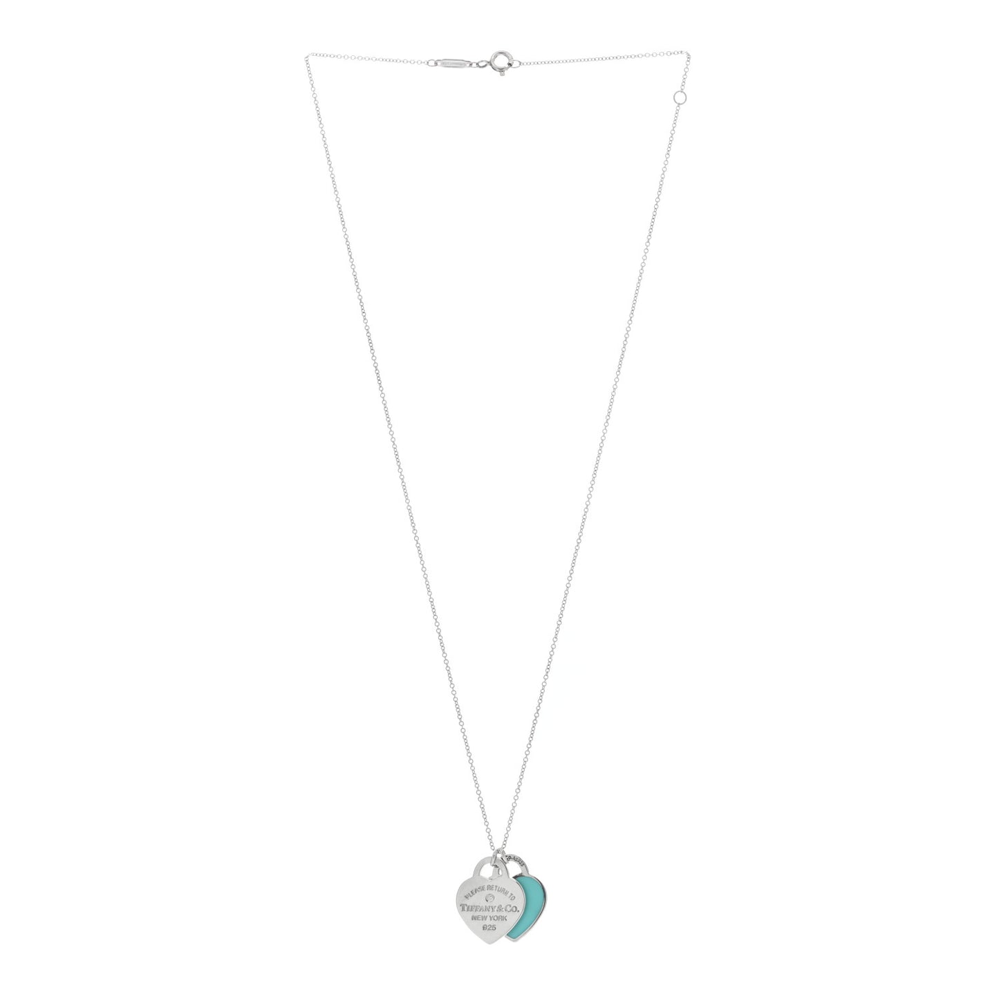 Sterling Silver Enamel Diamond Return to Tiffany Double Small Heart Tag Pendant Necklace Blue