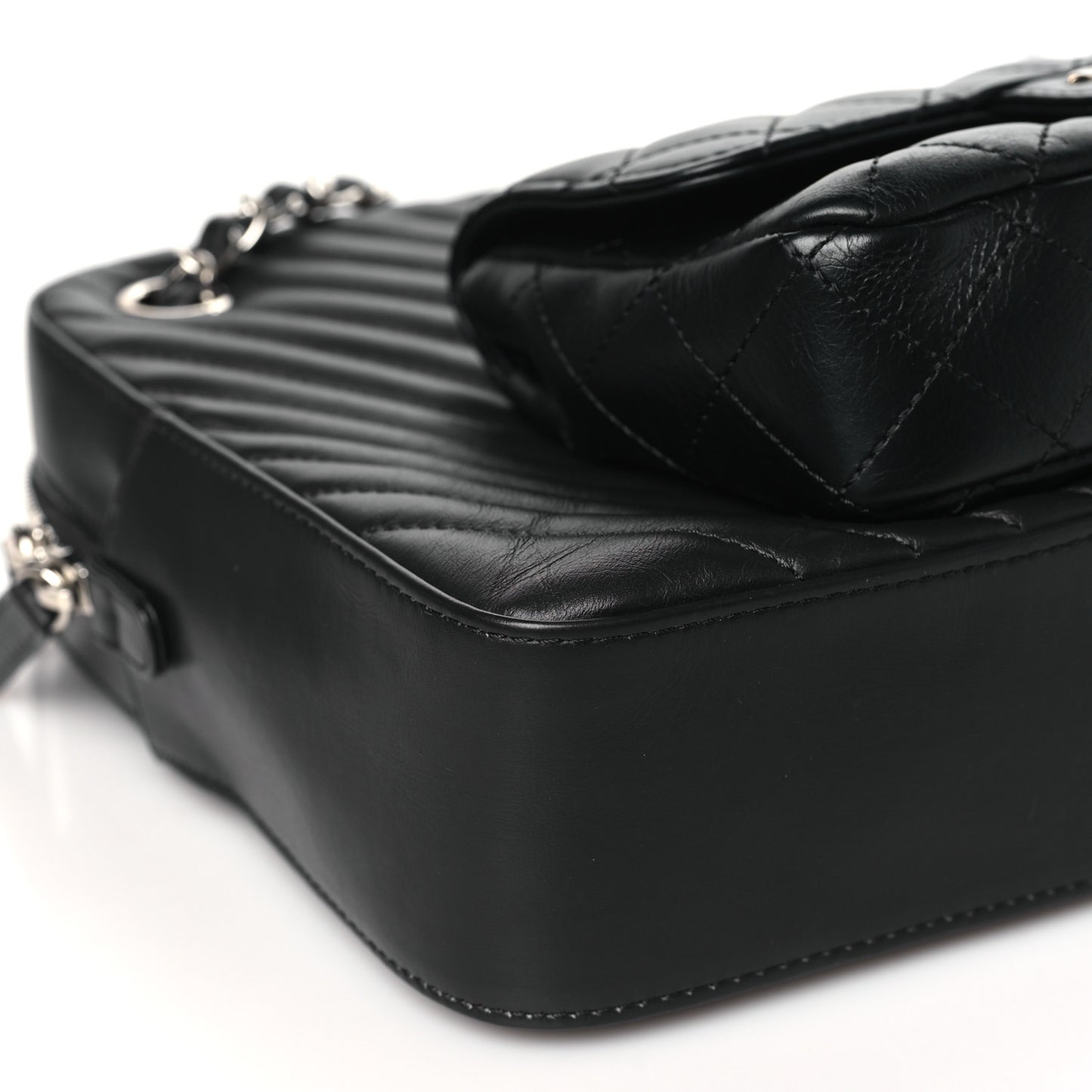 Calfskin Chevron Quilted Double Camera Bag With Flap Black Black