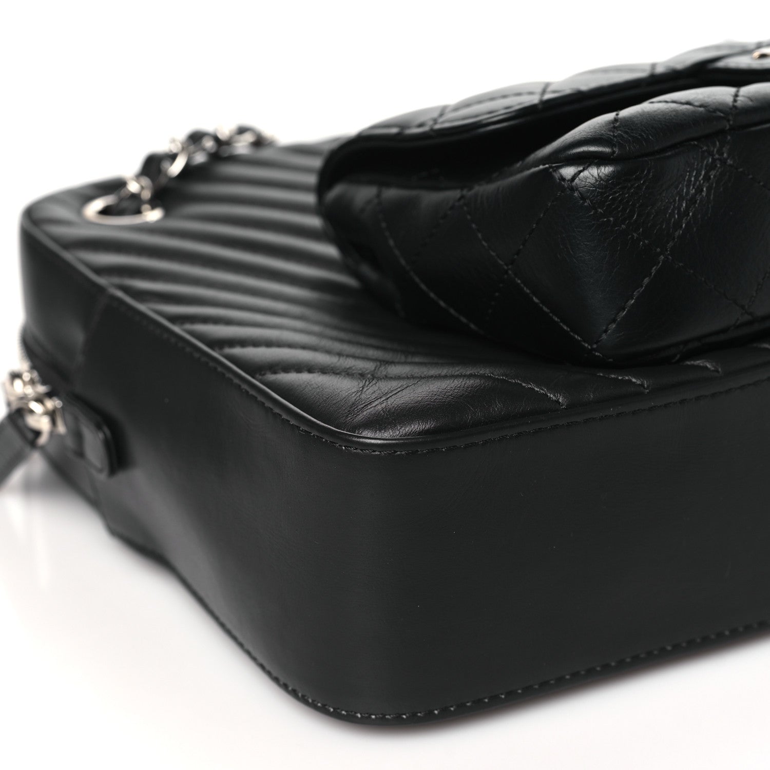 Chanel Calfskin Chevron Quilted Double Camera Bag With Flap Black Black 9 of 10