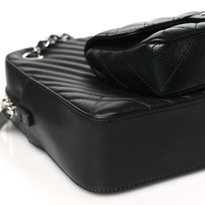 Chanel Calfskin Chevron Quilted Double Camera Bag With Flap Black Black 9 of 10