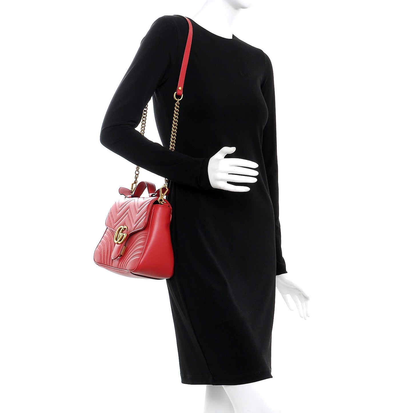 Calfskin Matelasse Small GG Marmont Top Handle Shoulder Bag Hibiscus Red