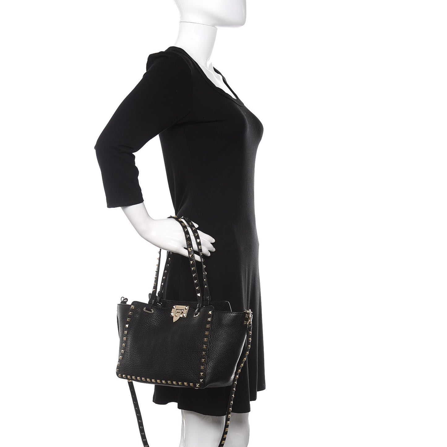 Grained Calfskin Small Rockstud Tote Black