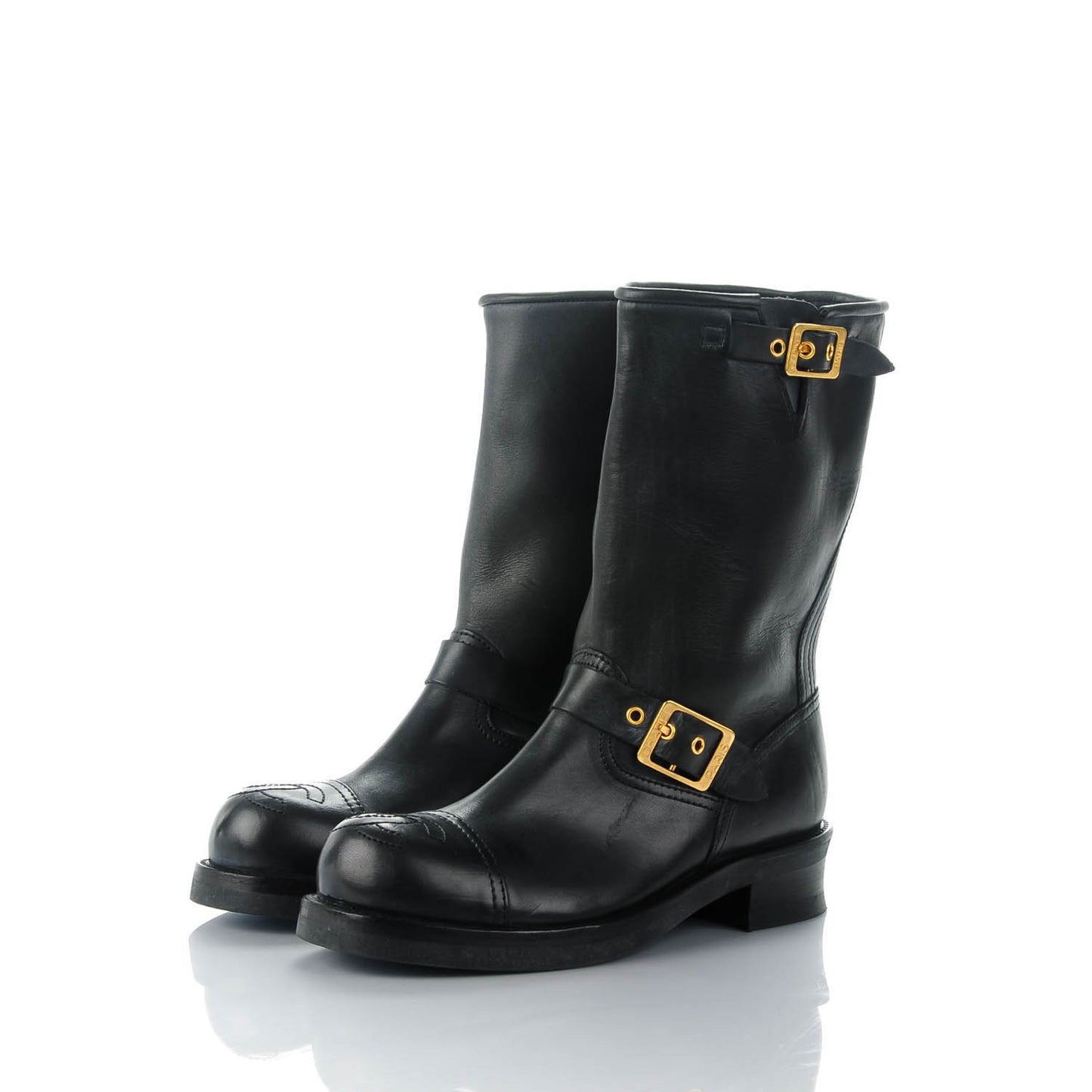 Distressed Calfskin Cap Toe Motorcycle Boots 38 Black