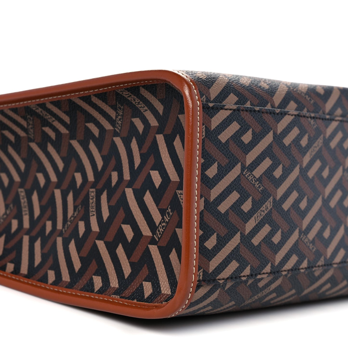 Coated Canvas Calfskin La Greca Signature Tote Bag Black Caramel