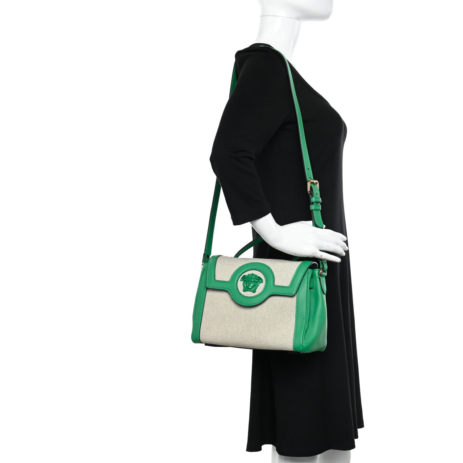 Versace Grained Calfskin Canvas Medium La Medusa Chain Top Handle Handbag Green 2 of 10
