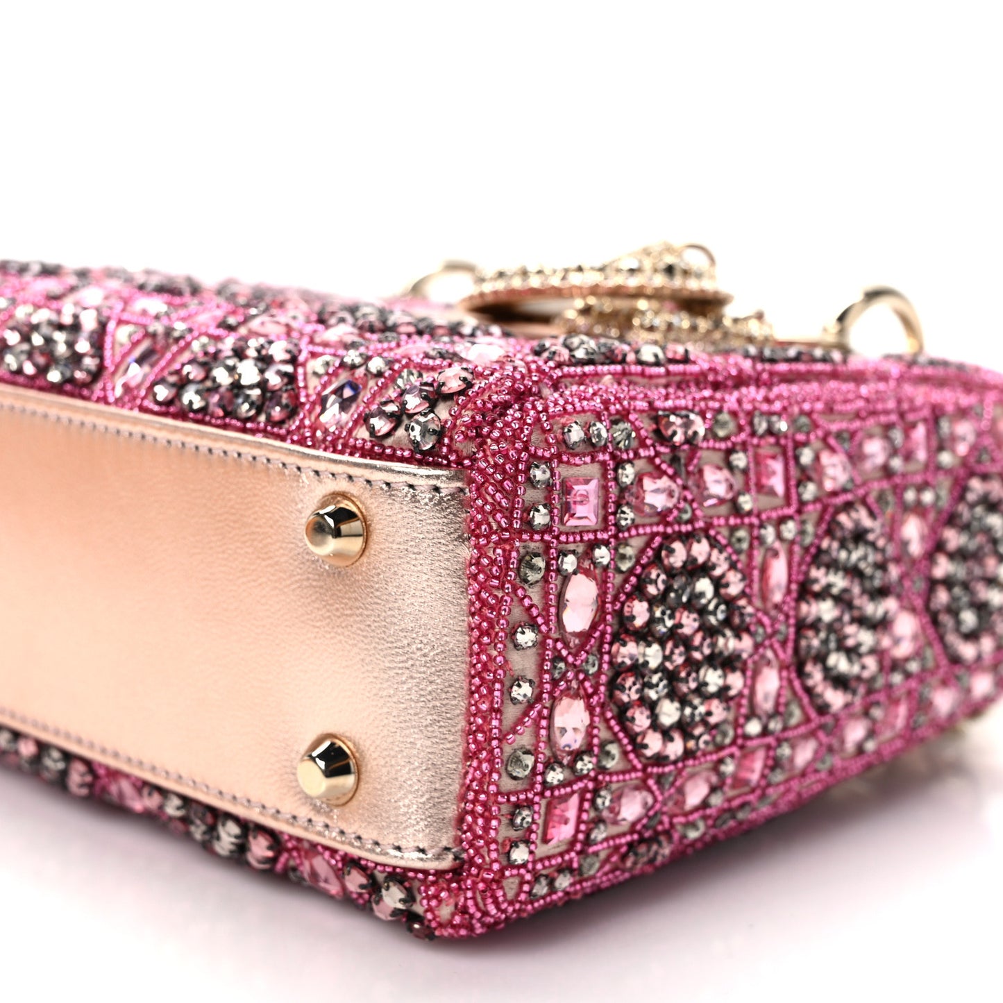 Metallic Calfskin Satin Celestial Bead Embroidery Cannage Mini Lady Dior Rose Des Vents