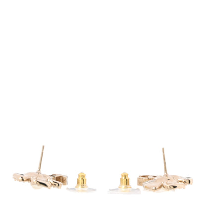 Chanel Metal Pearl Crystal CC Flower Drop Earrings Gold White 3 of 4