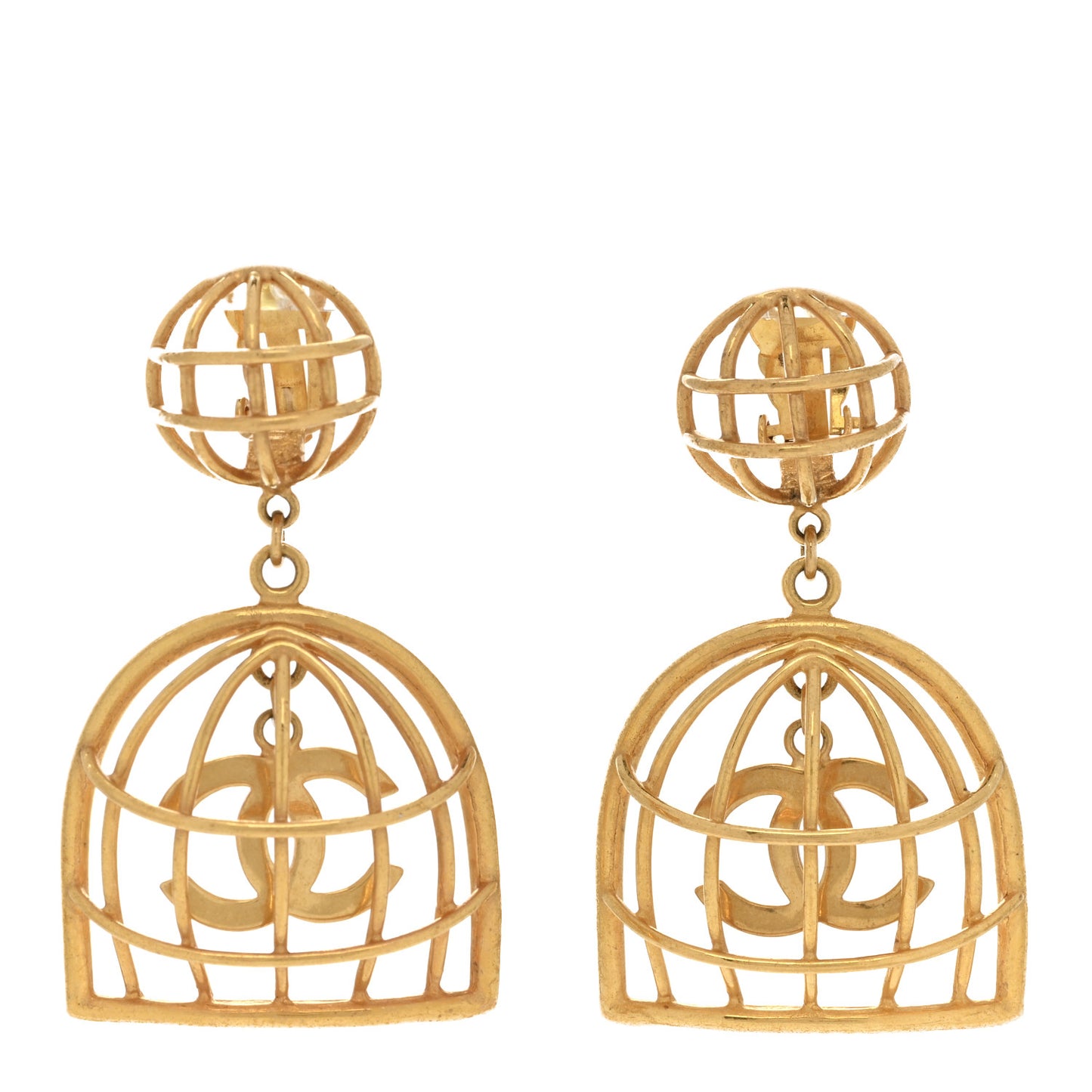 CC Bird Cage Drop Clip On Earrings Gold