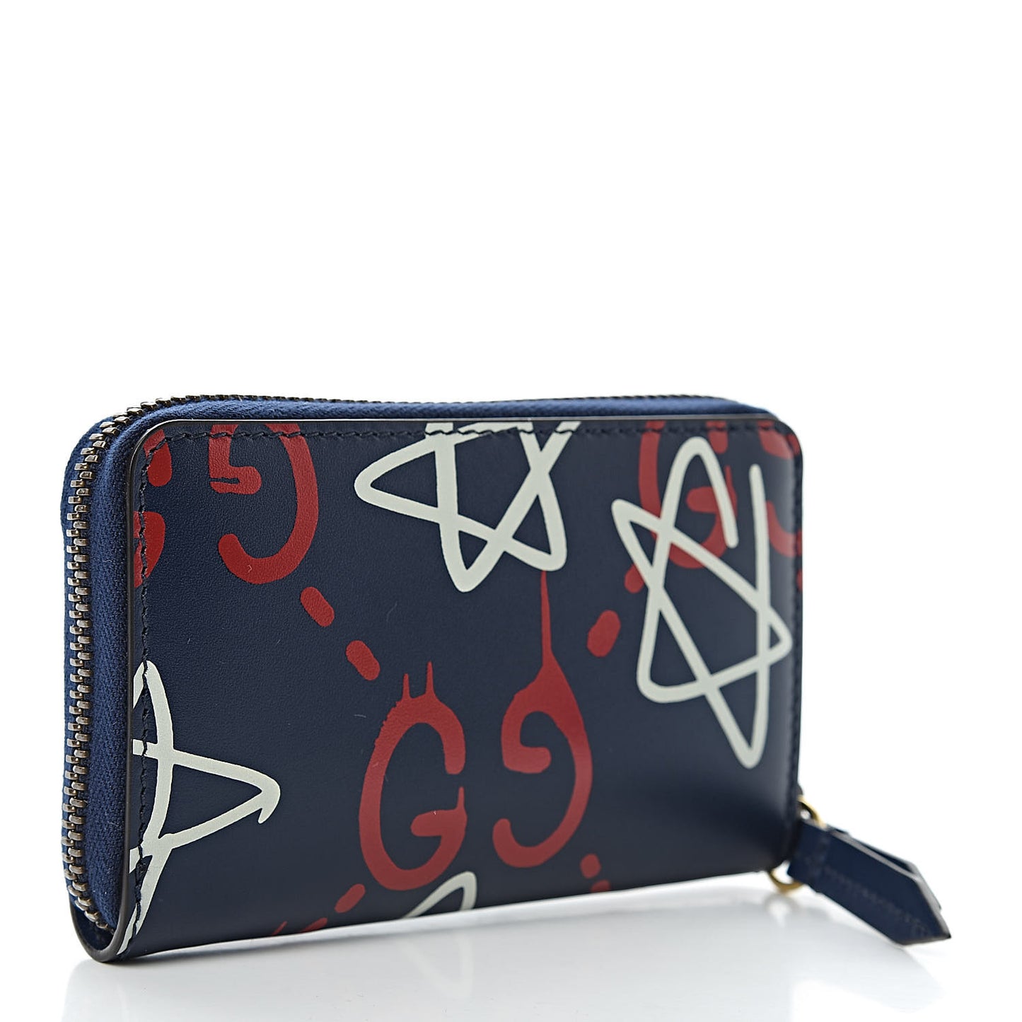 Calfskin GucciGhost Zip Around Card Case Blue Agata Hibiscus Red