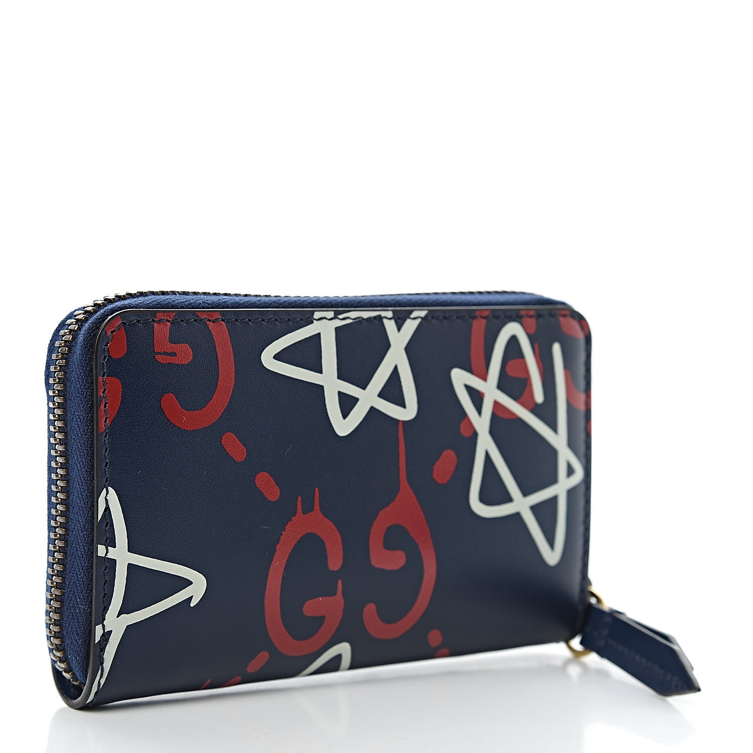 Gucci Calfskin GucciGhost Zip Around Card Case Blue Agata Hibiscus Red 3 of 8