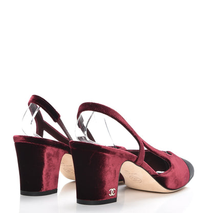 Chanel Velvet Grosgrain Cap Toe CC Slingback Pumps 37 Burgundy Black 4 of 9