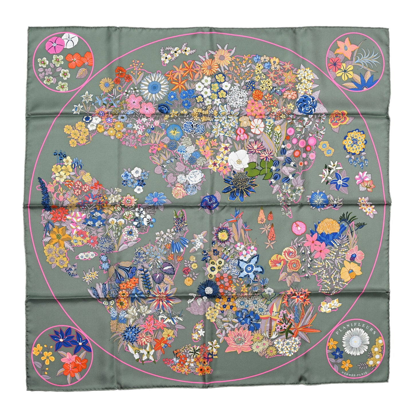 Silk Planifleurs Scarf 90 Vert Amande Rose Bleu