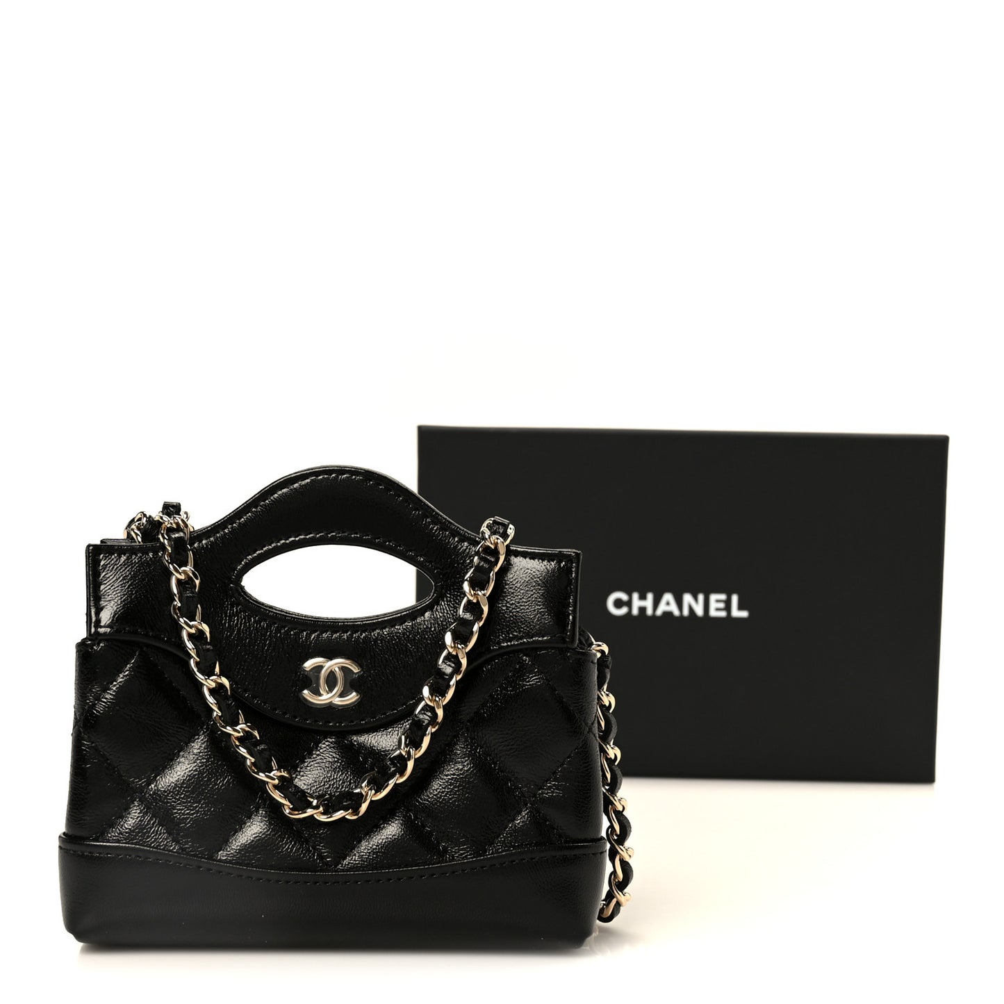 Shiny Lambskin Quilted Micro 31 Clutch With Chain Black
