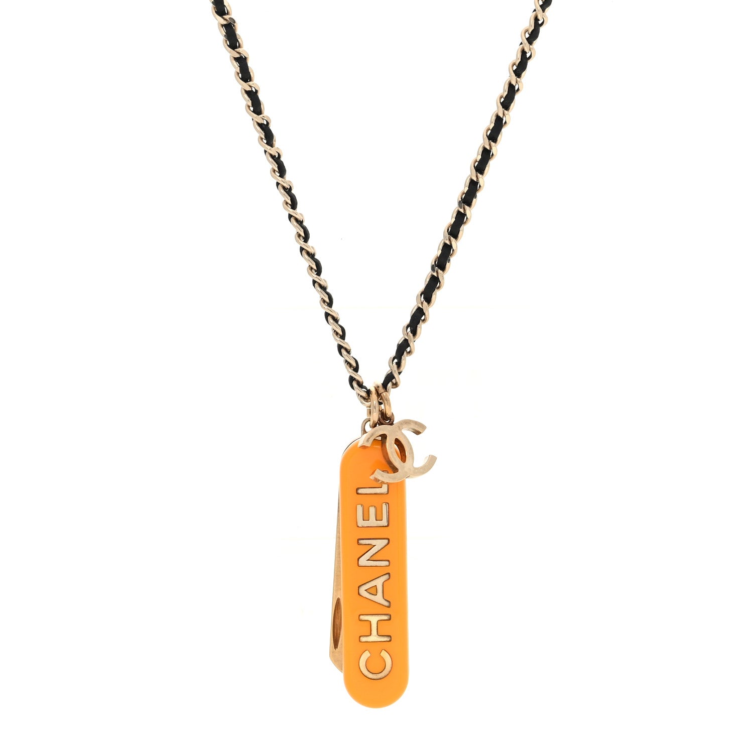 Chanel Metal Lambskin Chain CC Comb Necklace Gold Orange Black 1 of 7