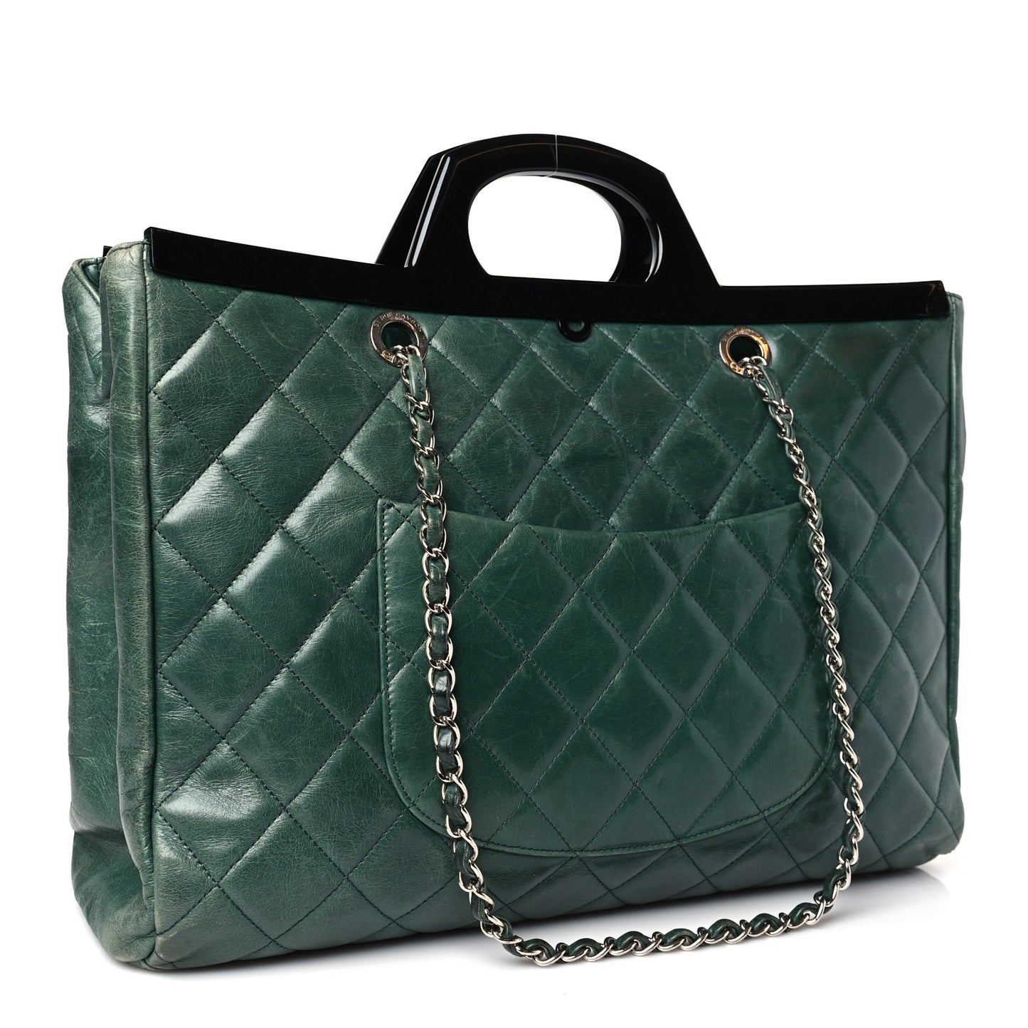 Glazed Calfskin Quilted Large CC Delivery Tote Green