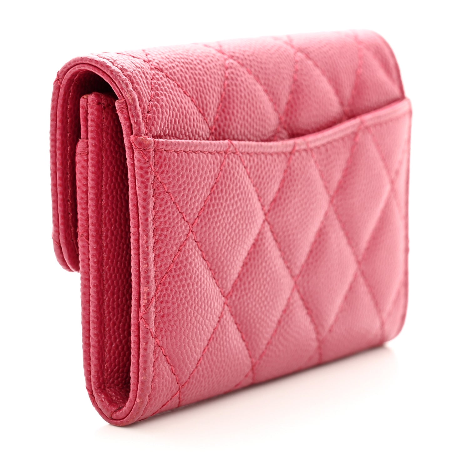 Caviar Quilted Flap Card Holder Wallet Dark Pink