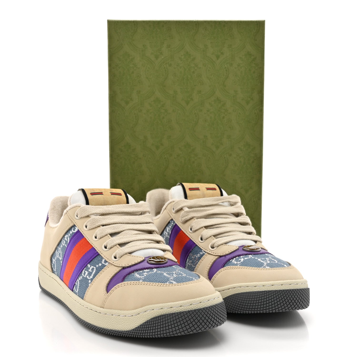 Gucci Calfskin Lame GG Monogram Web Womens Screener Sneakers 40 Blue Silver Dusty Milk Shine Purple 13 of 13
